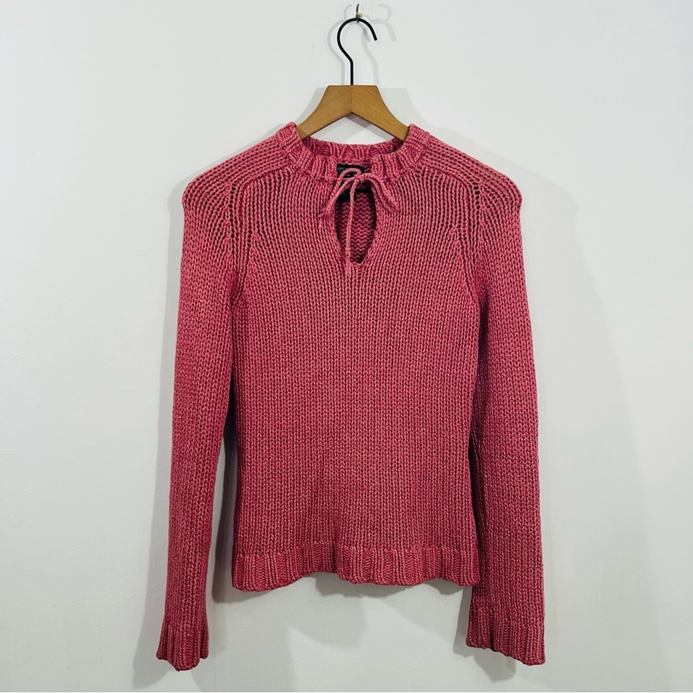 American Eagle Pink Mock Neck Tie Front Sweater Keyhole Detail Cozy Knit Cotton
